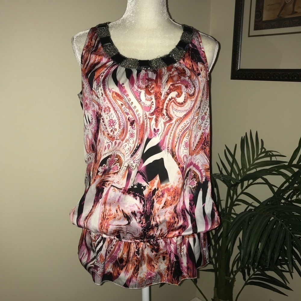 2/$15 Sioni Sleeveless Bead Crystal Neckline Top L